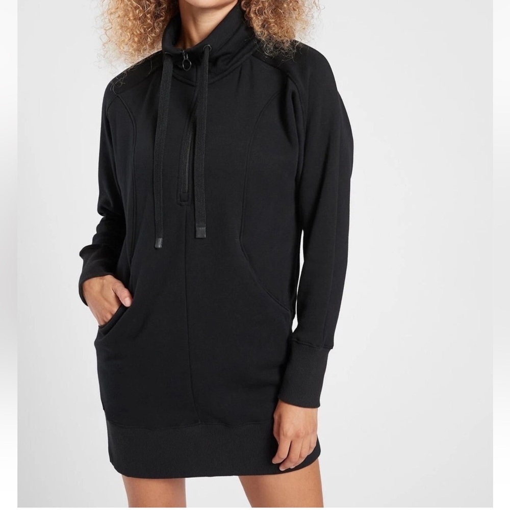 Athleta Cozy Karma 1/4 Zip Sweatshirt Dress Black XSmall